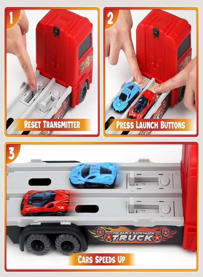 TOYVELLY مجموعة ألعاب شاحنة النقل الكبيرة من TOYVELLY مع مسارين للقذف، وحامل سيارات قابل للطي قابل للطي مع سيارتين معدنيتين، هدية للأطفال من عمر 3 سنوات فما فوق (مقطورة). - Image 4